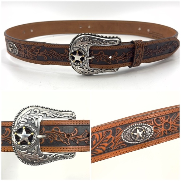 Justin Tooled Leather Western Belt Size 42 Brown Silver Buckle Concho USA Made - Picture 1 of 12